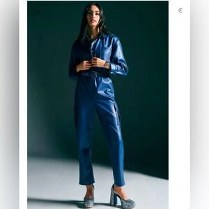 Blue Leather Jumpsuit with Belt